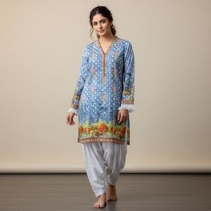 Zeen Women's Pakistani Kurti Long Sleeve - Blue, Size 12